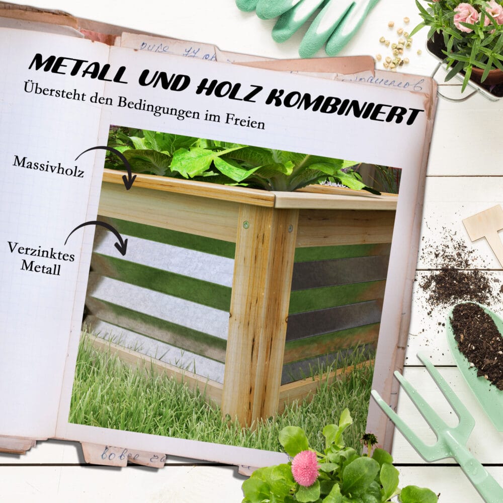 Hochbeet wetterfest, 90x45x30 cm, mit Holz-Metallrahmen, Farbe Natur.