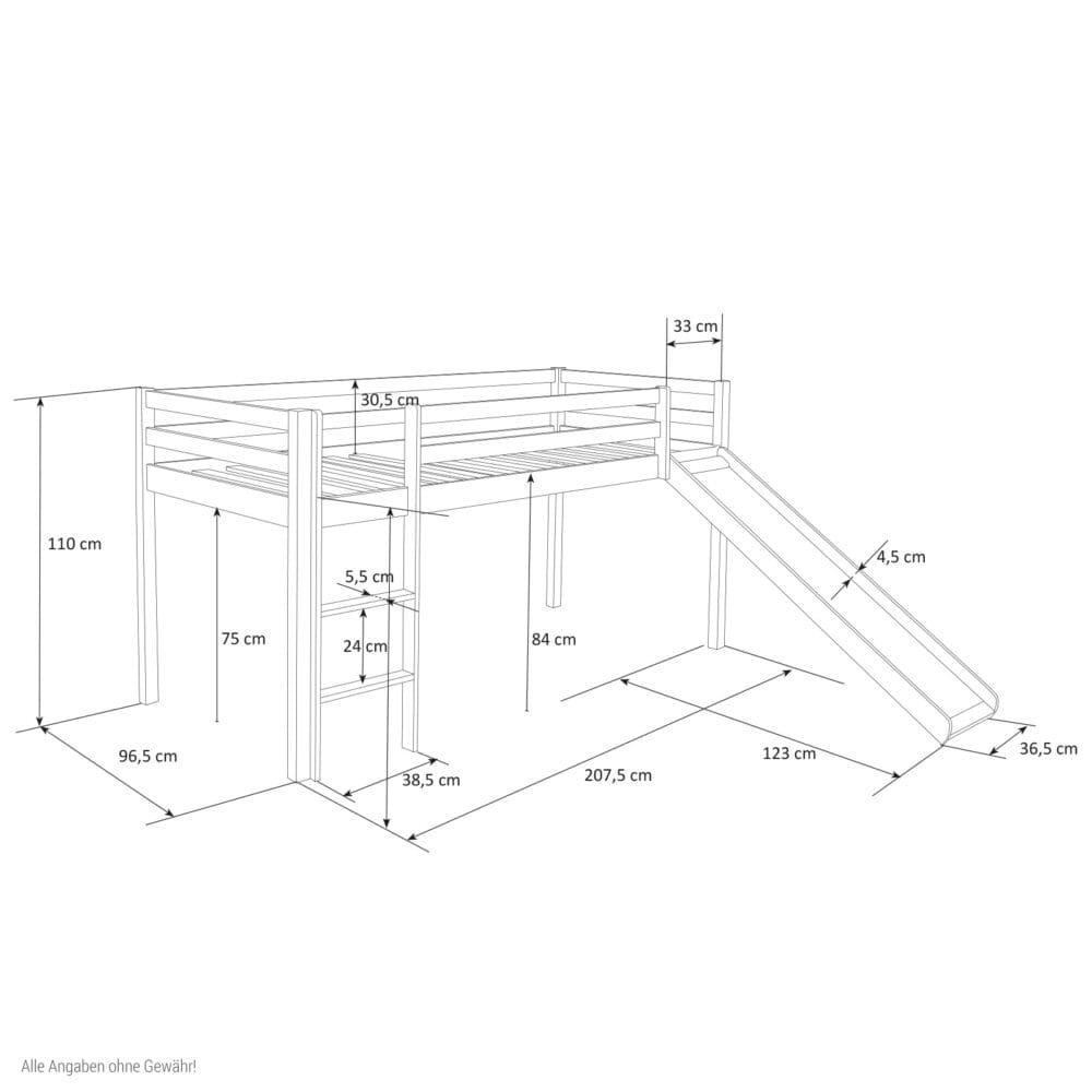 Hochbett Kinderbett 90x200cm aus Holz Grau