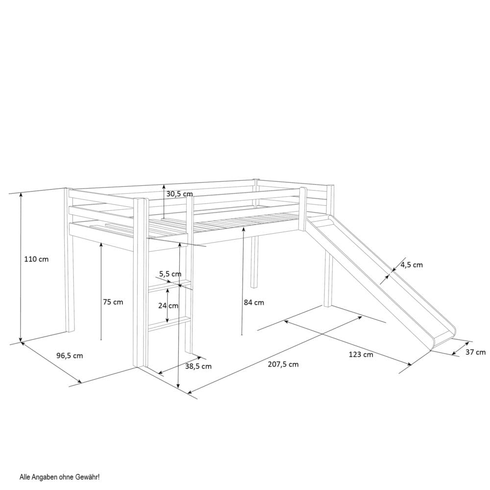 Hochbett Kinderbett 90x200cm aus Holz Grau-Weiss