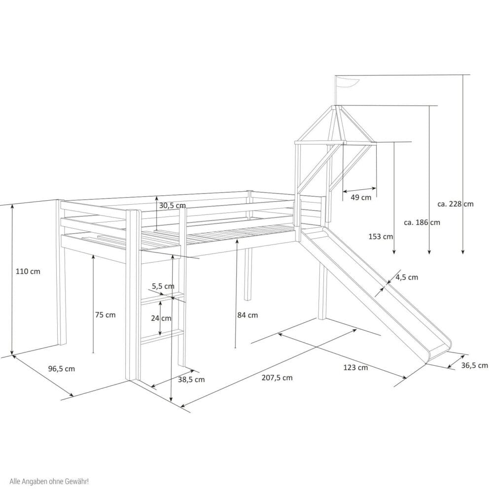 Hochbett Kinderbett 90x200cm aus Holz Grau-Weiss