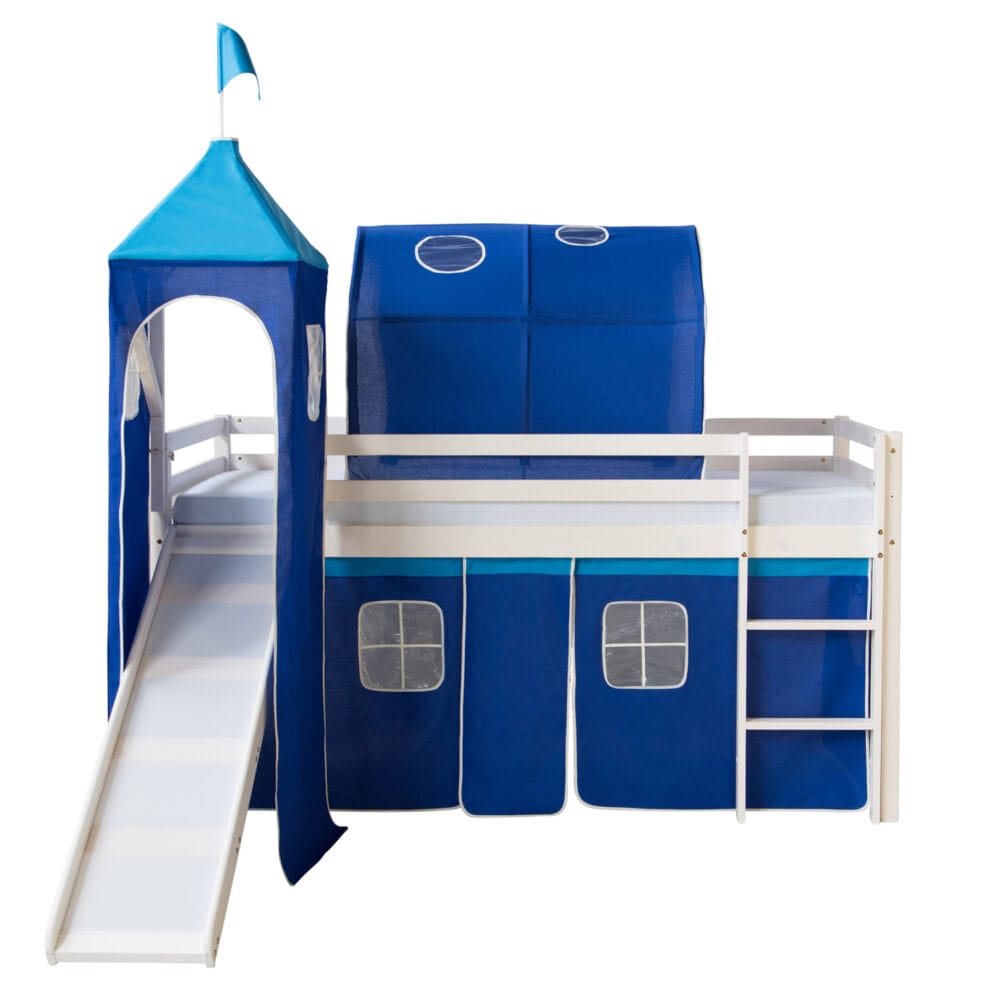 Hochbett Kinderbett 90x200cm aus Holz Weiss-Blau