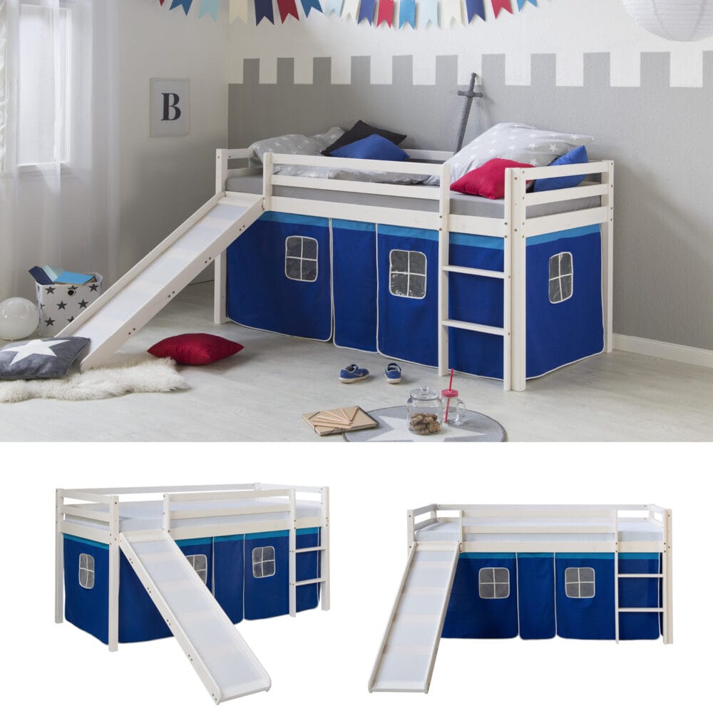 Hochbett Kinderbett 90x200cm aus Holz Weiss-Blau