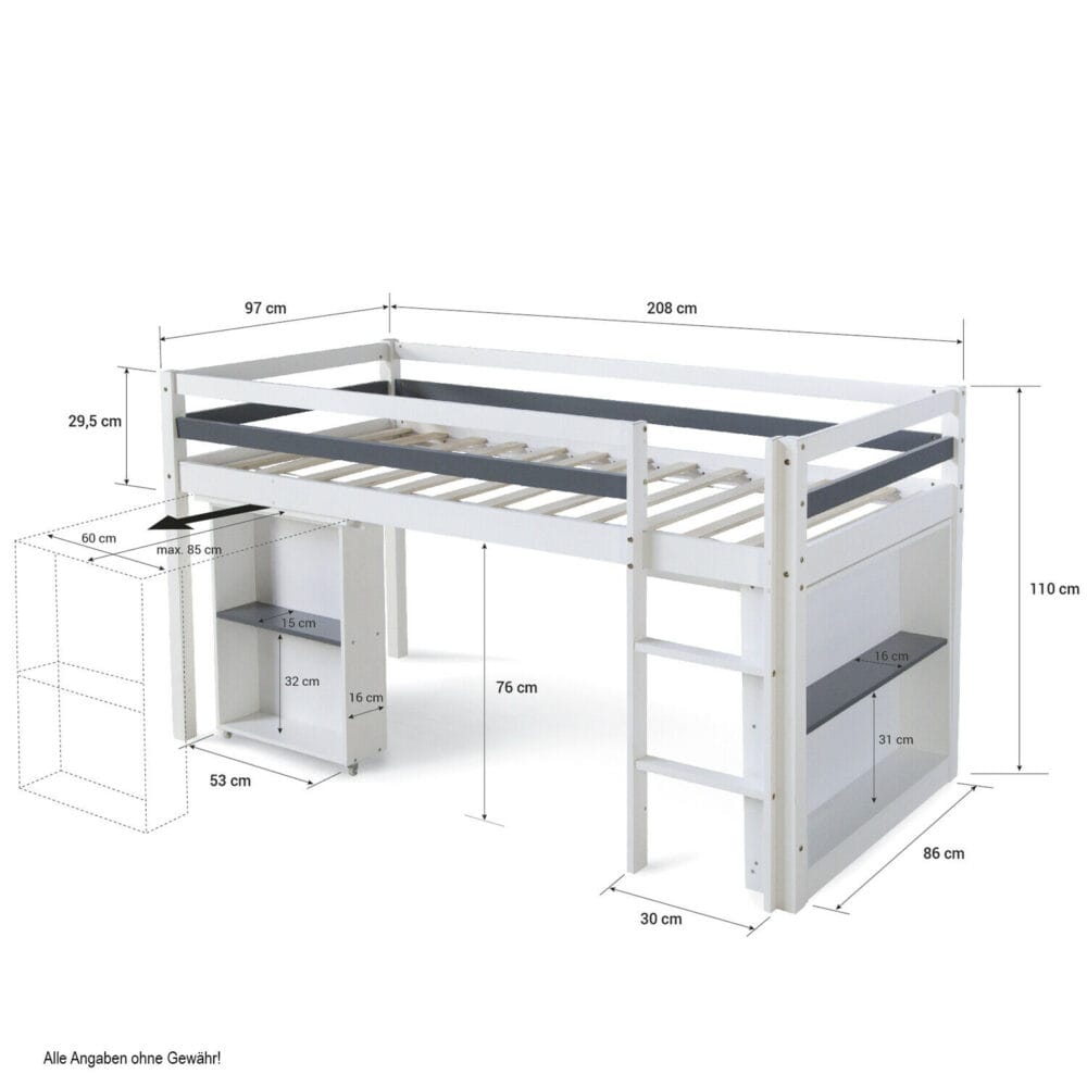 Hochbett Kinderbett 90x200cm aus Holz Weiss-Grau