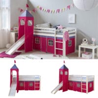 Hochbett Kinderbett 90x200cm aus Holz Weiss-Pink