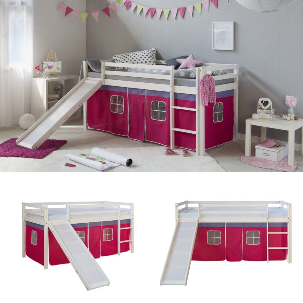 Hochbett Kinderbett 90x200cm aus Holz Weiss-Pink