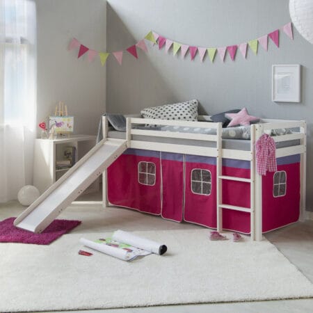 Hochbett Kinderbett 90x200cm aus Holz Weiss-Pink