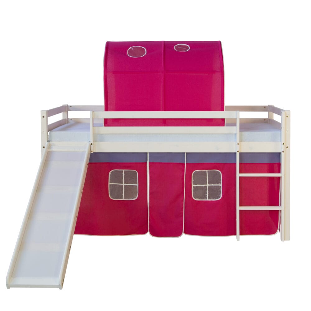 Hochbett Kinderbett 90x200cm aus Holz Weiss-Pink