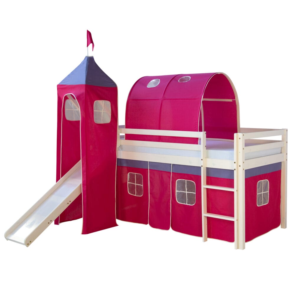 Hochbett Kinderbett 90x200cm aus Holz Weiss-Pink