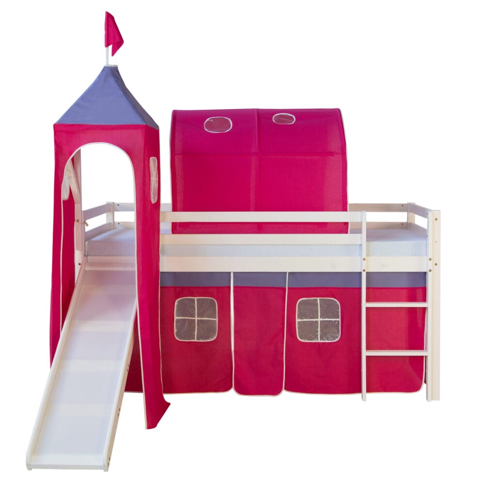 Hochbett Kinderbett 90x200cm aus Holz Weiss-Pink