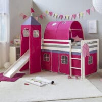 Hochbett Kinderbett 90x200cm aus Holz Weiss-Pink