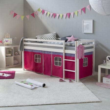 Hochbett Kinderbett 90x200cm aus Holz Weiss-Pink