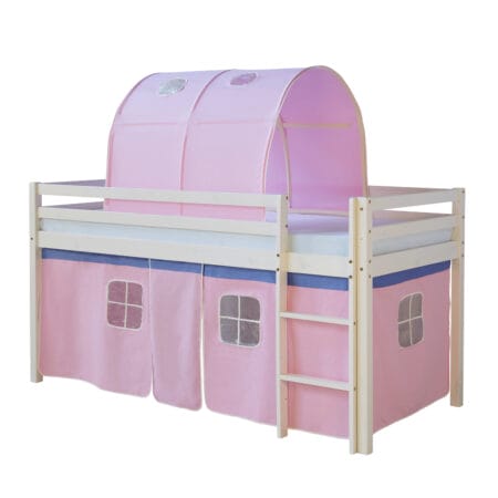 Hochbett Kinderbett 90x200cm aus Holz Weiss-Rosa