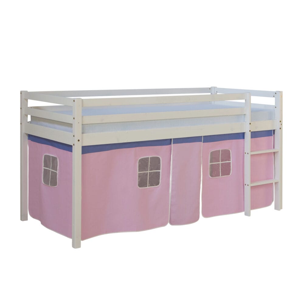 Hochbett Kinderbett 90x200cm aus Holz Weiss-Rosa