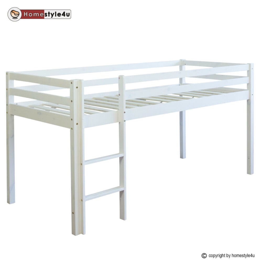 Hochbett Kinderbett 90x200cm aus Holz Weiss-Schwarz