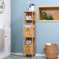 Hochschrank für das Badezimmer aus Bambus mit Regalen und Schubladen
