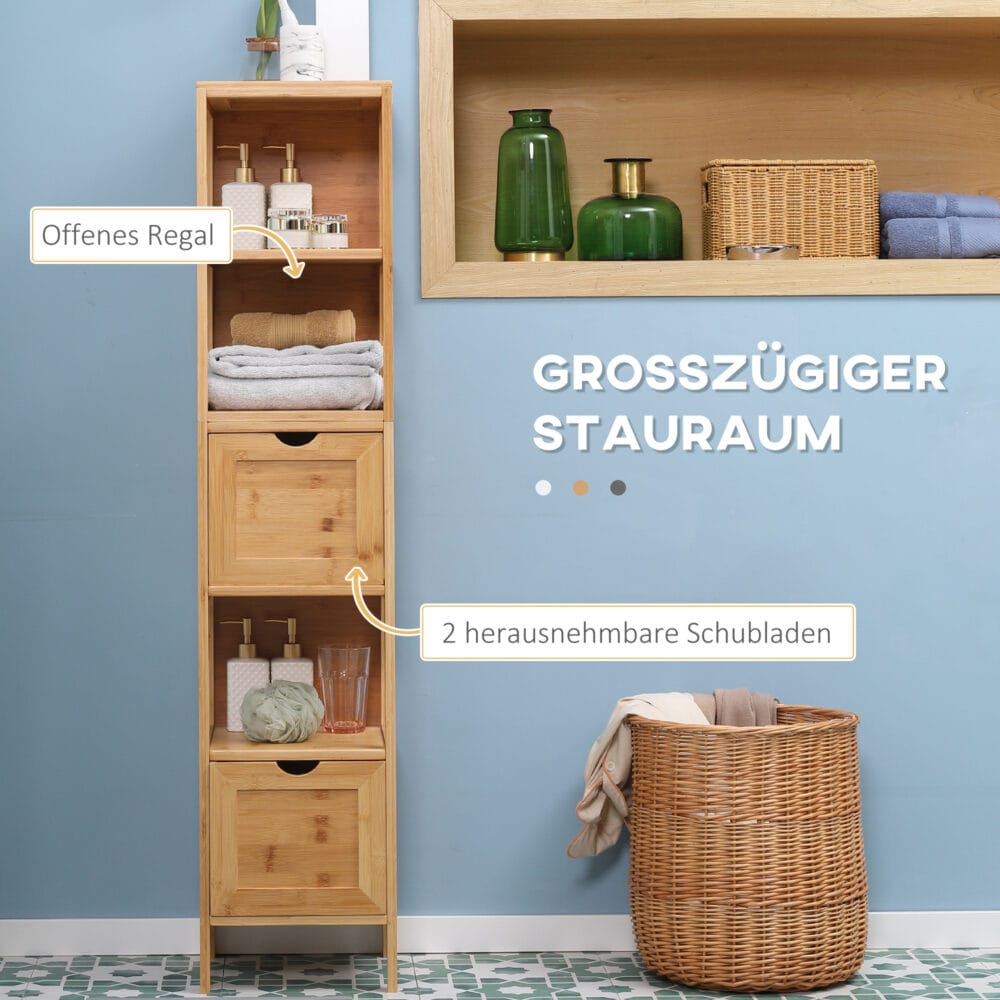 Hochschrank für das Badezimmer aus Bambus mit Regalen und Schubladen