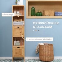 Hochschrank für das Badezimmer aus Bambus mit Regalen und Schubladen