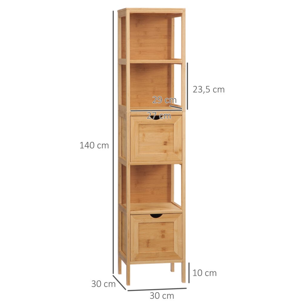 Hochschrank für das Badezimmer aus Bambus mit Regalen und Schubladen