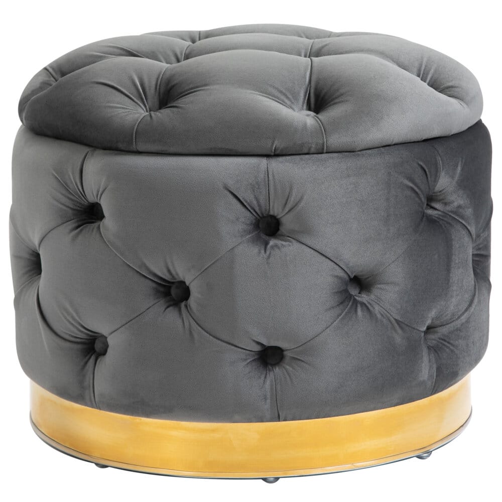 Ein kohlegrauer Vintage Hocker mit Stauraum, Maße 55x55x42cm.