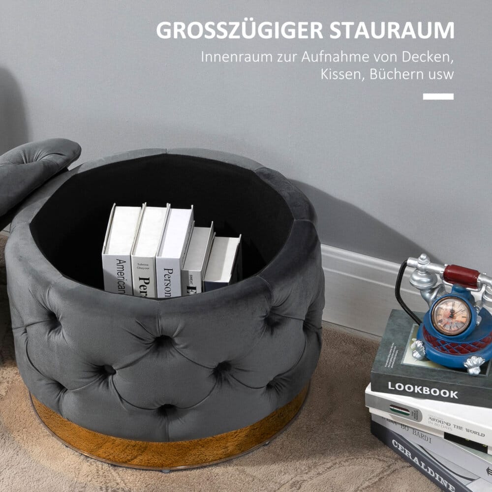 Ein kohlegrauer Vintage Hocker mit Stauraum, Maße 55x55x42cm.