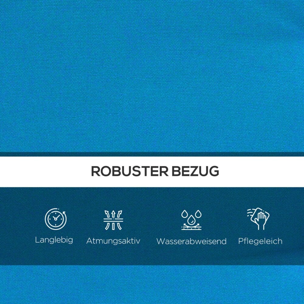 Blaue Hollywoodschaukel mit bequemen Auflagen.