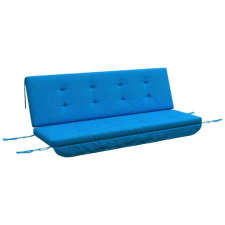 Blaue Hollywoodschaukel mit bequemen Auflagen.