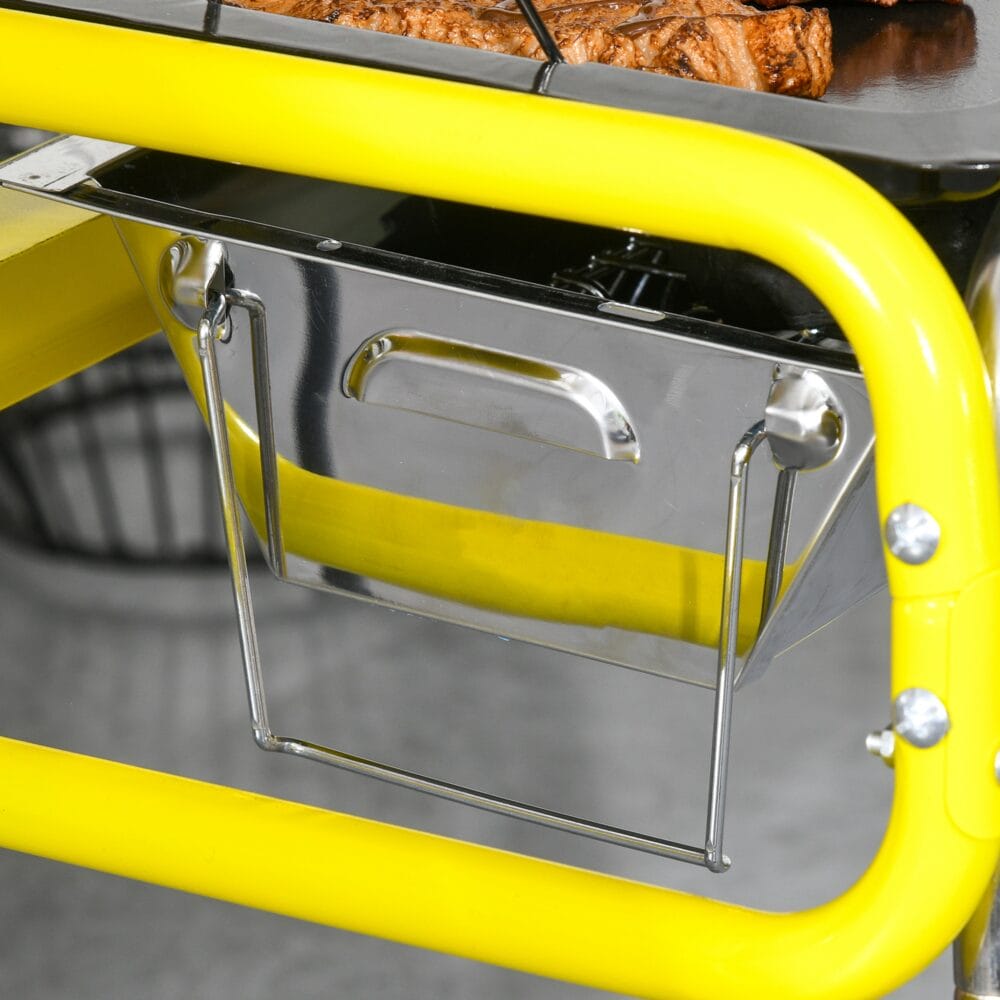 Holzkohlegrill klappbar mit 2 Grillrosten aus Edelstahl, Farbe Gelb.