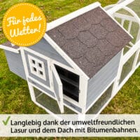Wetterfester Hühnerstall mit integrierten Legenestern und Sitzstangen.