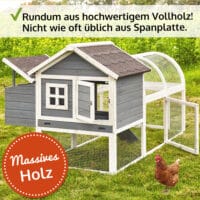 Wetterfester Hühnerstall mit integrierten Legenestern und Sitzstangen.