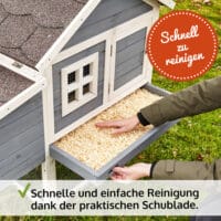 Wetterfester Hühnerstall mit integrierten Legenestern und Sitzstangen.