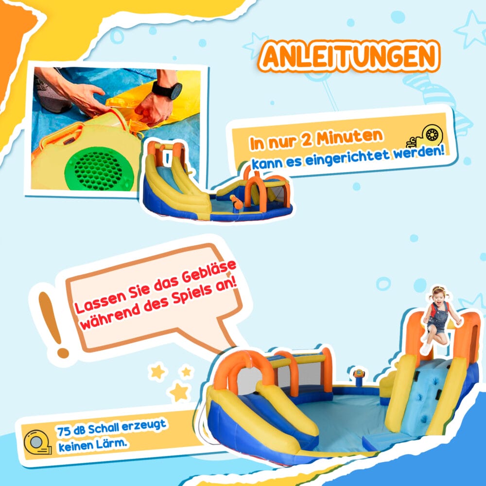 Bunte aufblasbare Hüpfburg für den Garten, ausgestattet mit einer Rutsche und einem einem kleinen Wasserpark. Sie bietet riesigen Spass und Abkühlung an warmen Tagen.