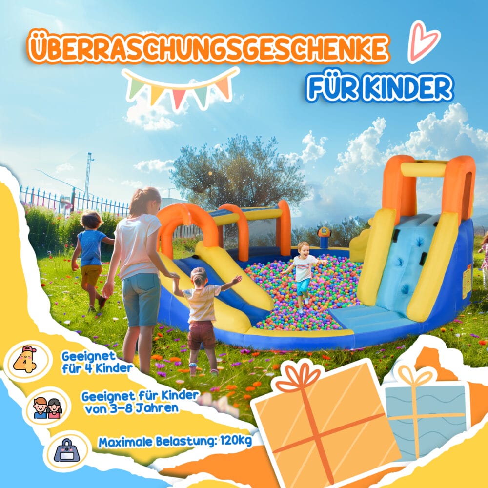 Bunte aufblasbare Hüpfburg für den Garten, ausgestattet mit einer Rutsche und einem einem kleinen Wasserpark. Sie bietet riesigen Spass und Abkühlung an warmen Tagen.