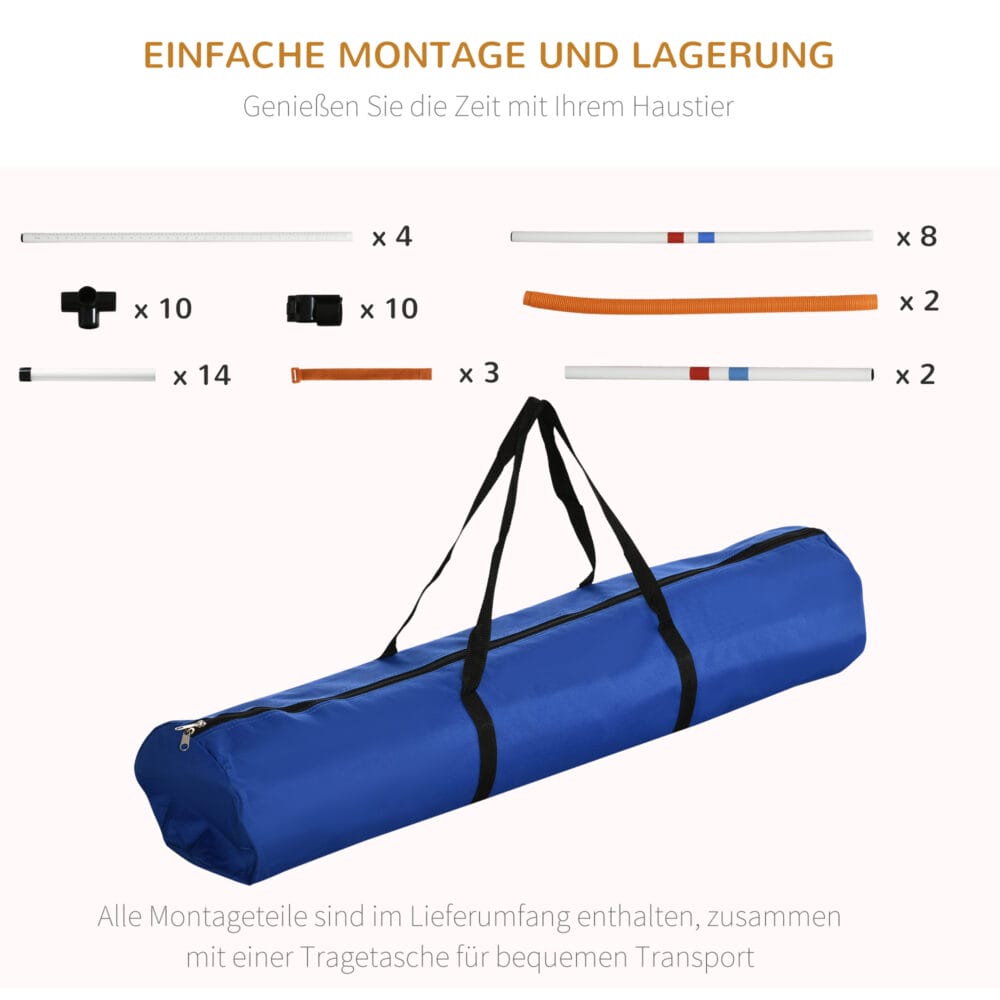 Weiss-gelbes 3-teiliges Hunde Agility Set mit Tragetasche, perfekt für mobiles Training und Spass mit Ihrem Hund.