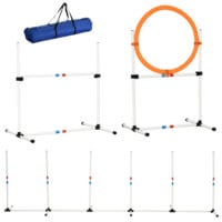 Weiss-gelbes 3-teiliges Hunde Agility Set mit Tragetasche, perfekt für mobiles Training und Spass mit Ihrem Hund.