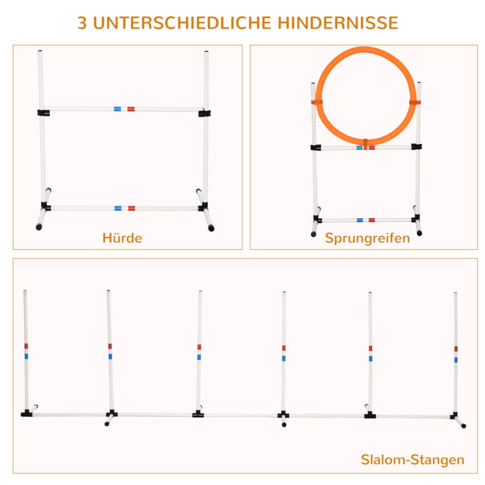 Weiss-gelbes 3-teiliges Hunde Agility Set mit Tragetasche, perfekt für mobiles Training und Spass mit Ihrem Hund.
