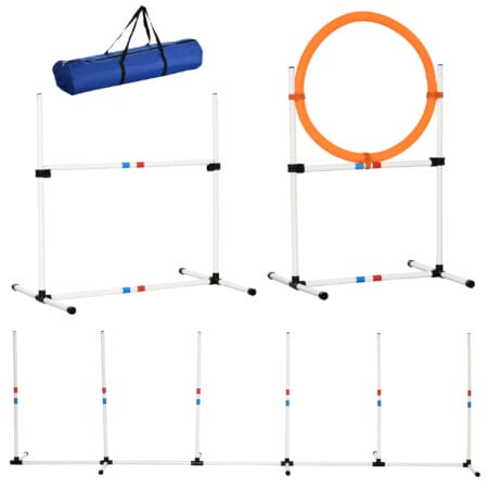 Weiss-gelbes 3-teiliges Hunde Agility Set mit Tragetasche, perfekt für mobiles Training und Spass mit Ihrem Hund.