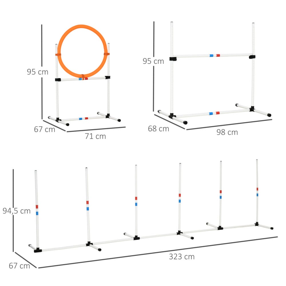 Weiss-gelbes 3-teiliges Hunde Agility Set mit Tragetasche, perfekt für mobiles Training und Spass mit Ihrem Hund.