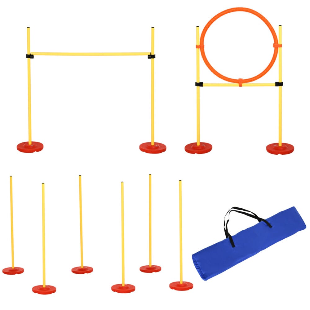 Gelbes 3-in-1 Hunde Agility Set mit praktischer Tragetasche, bietet verschiedene Trainingsmöglichkeiten für Agility-Sport.