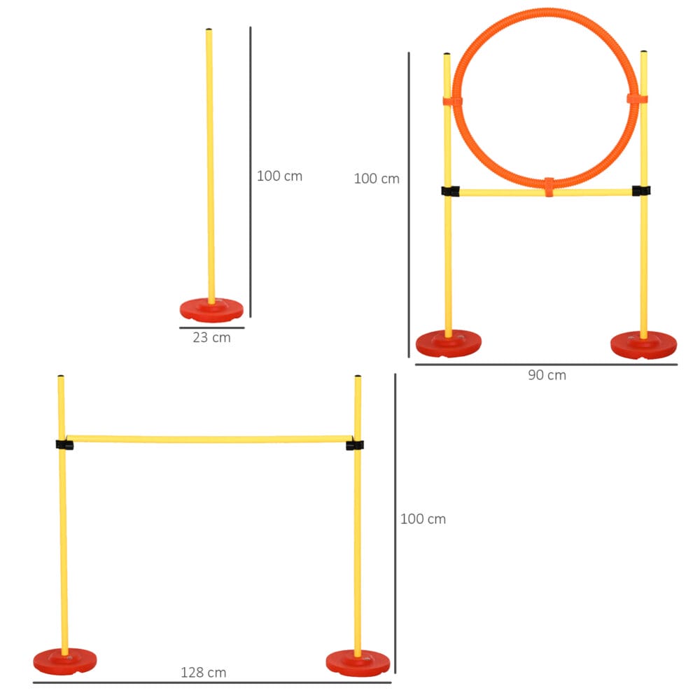 Gelbes 3-in-1 Hunde Agility Set mit praktischer Tragetasche, bietet verschiedene Trainingsmöglichkeiten für Agility-Sport.