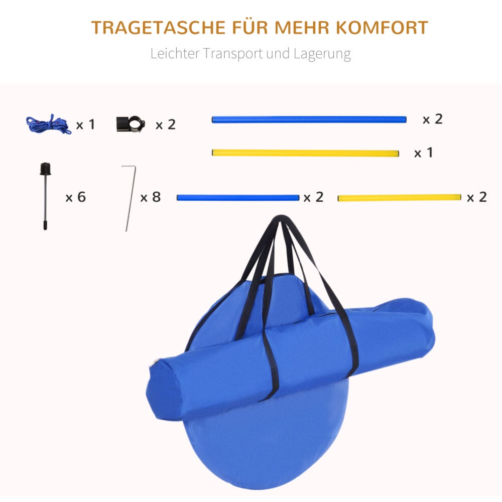 Blaues Hunde Agility Set mit Tunnel und Hürden, ideal für Spass und Training im Garten, fördert Fitness und Koordination.