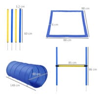 Blaues Hunde Agility Set mit Tunnel und Hürden, ideal für Spass und Training im Garten, fördert Fitness und Koordination.