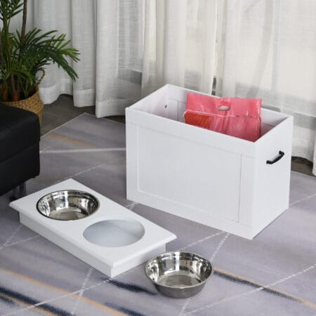 Weißer Hunde-Fressnapf mit Stauraum und 2 Edelstahlnäpfen.