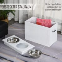 Weißer Hunde-Fressnapf mit Stauraum und 2 Edelstahlnäpfen.