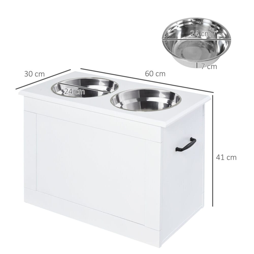 Weißer Hunde-Fressnapf mit Stauraum und 2 Edelstahlnäpfen.