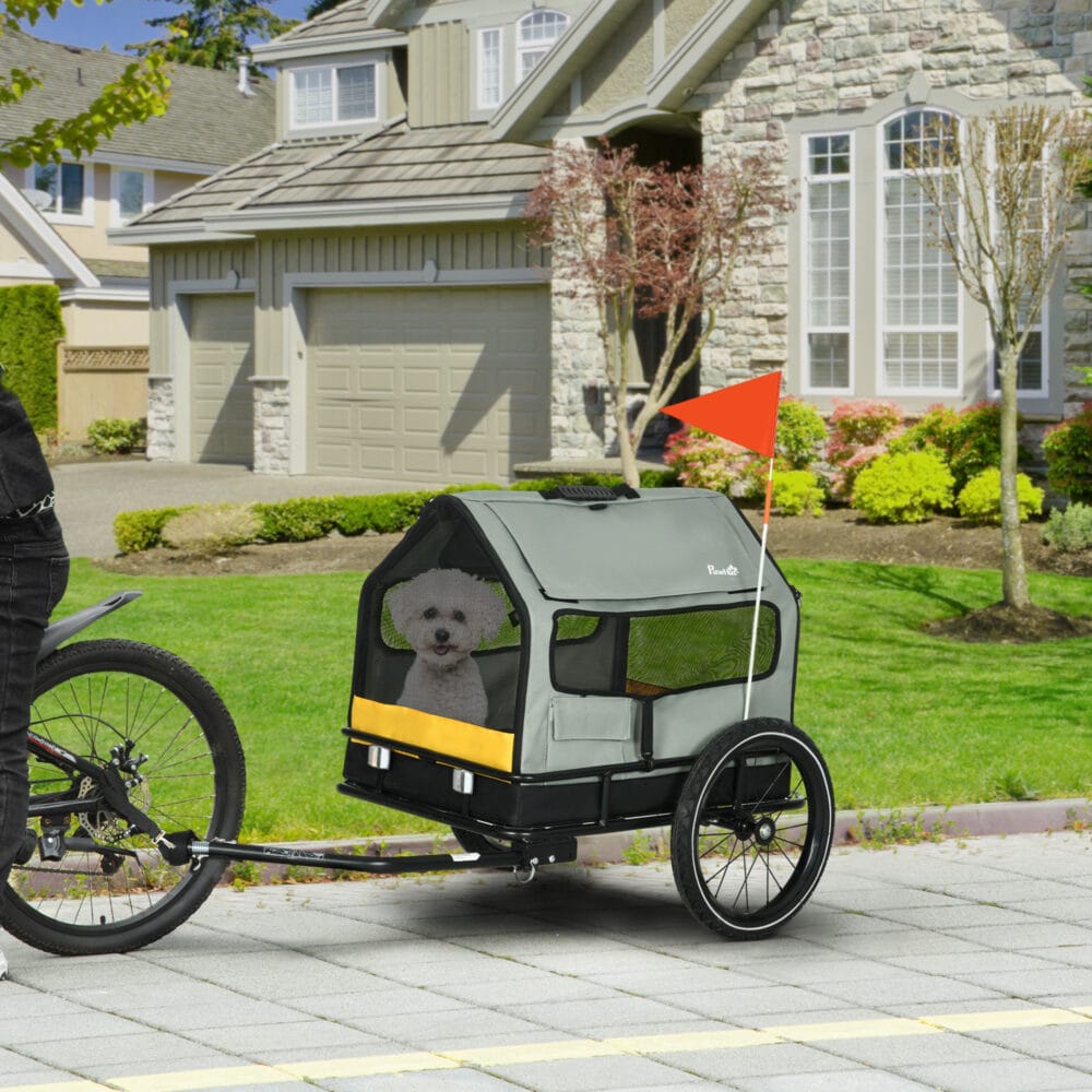Grauer 3-in-1 Hundeanhänger mit Reflektoren, bis 10kg belastbar, als Anhänger, Jogger und Buggy nutzbar, ideal für kleine Hunde.
