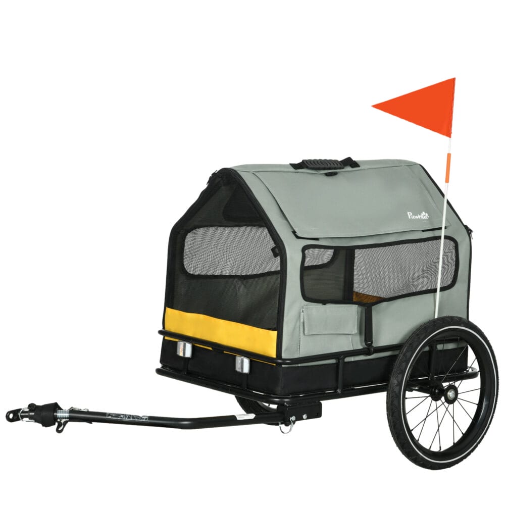 Grauer 3-in-1 Hundeanhänger mit Reflektoren, bis 10kg belastbar, als Anhänger, Jogger und Buggy nutzbar, ideal für kleine Hunde.
