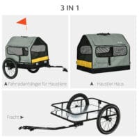 Grauer 3-in-1 Hundeanhänger mit Reflektoren, bis 10kg belastbar, als Anhänger, Jogger und Buggy nutzbar, ideal für kleine Hunde.
