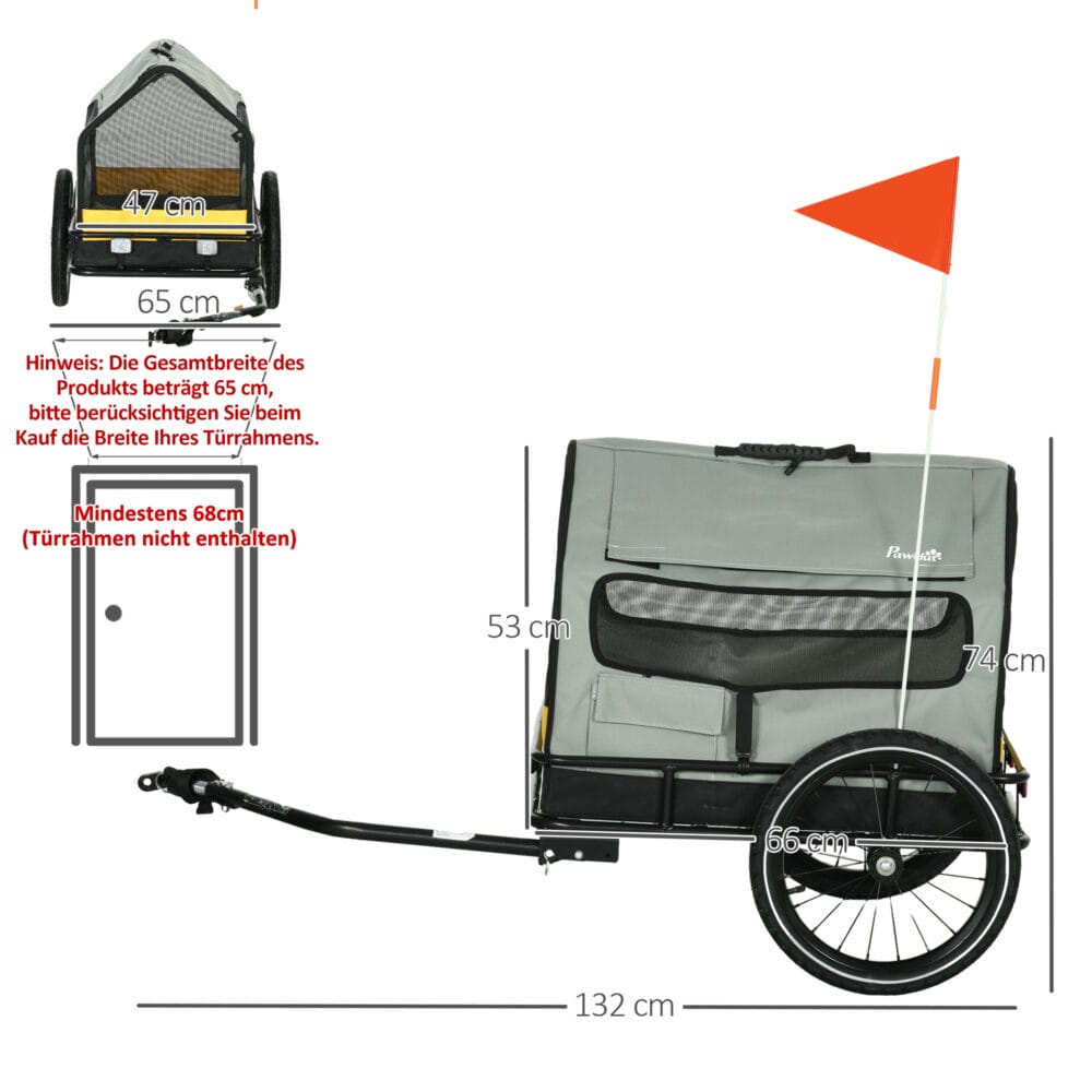 Grauer 3-in-1 Hundeanhänger mit Reflektoren, bis 10kg belastbar, als Anhänger, Jogger und Buggy nutzbar, ideal für kleine Hunde.