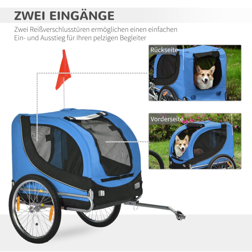 Blau-schwarzer geräumiger Hundeanhänger für das Fahrrad, 130x73x90cm, ermöglicht den Transport von Hunden bei Radtouren.