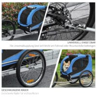 Blau-schwarzer geräumiger Hundeanhänger für das Fahrrad, 130x73x90cm, ermöglicht den Transport von Hunden bei Radtouren.